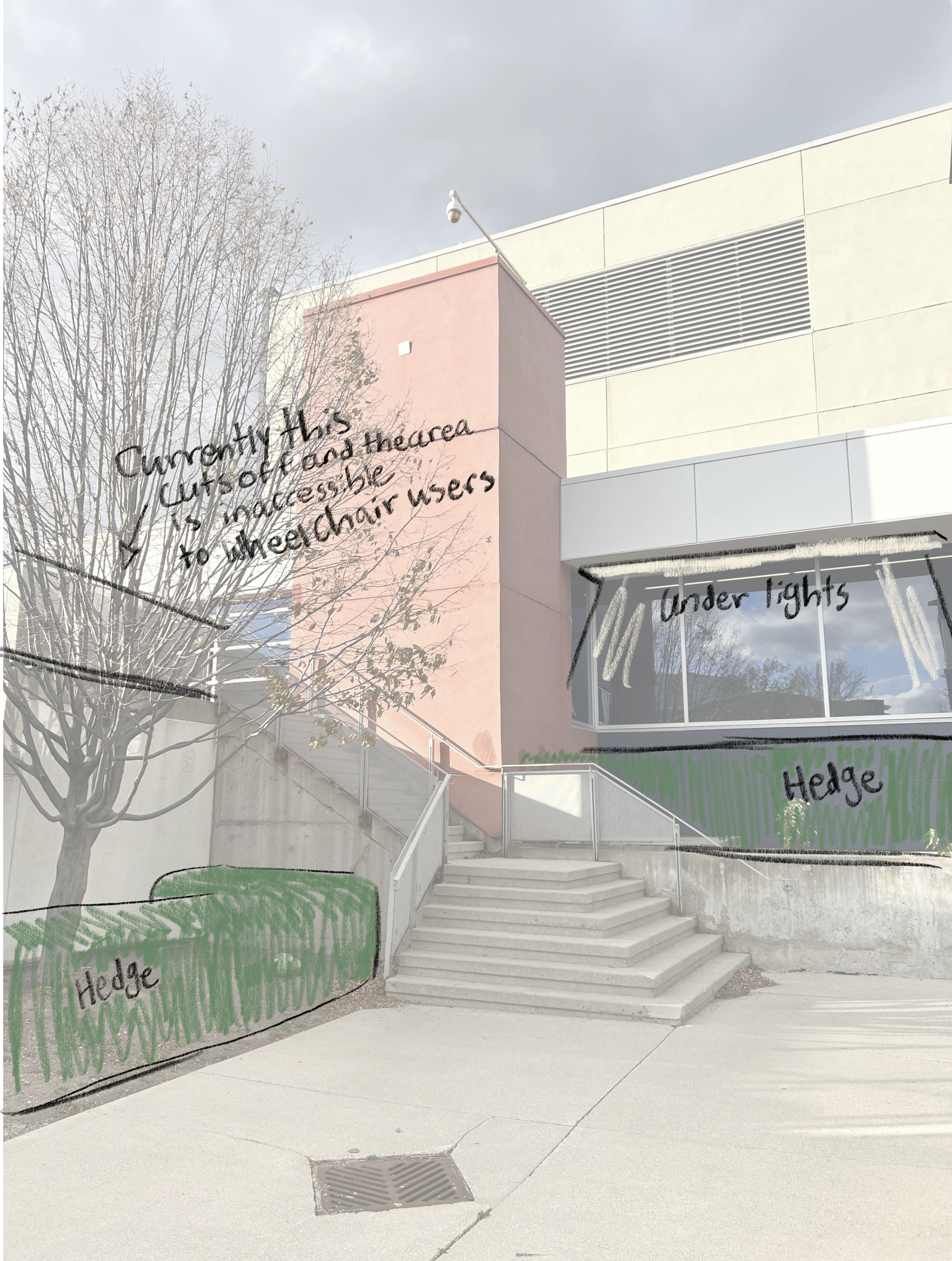 I think this specific area is very interesting and can be made to be more calming with the changes I put in this image. This area connects the J wing to the SSU building but is currently more like an alleyway than an area to connect the two places, that influnced me to add the greenery.